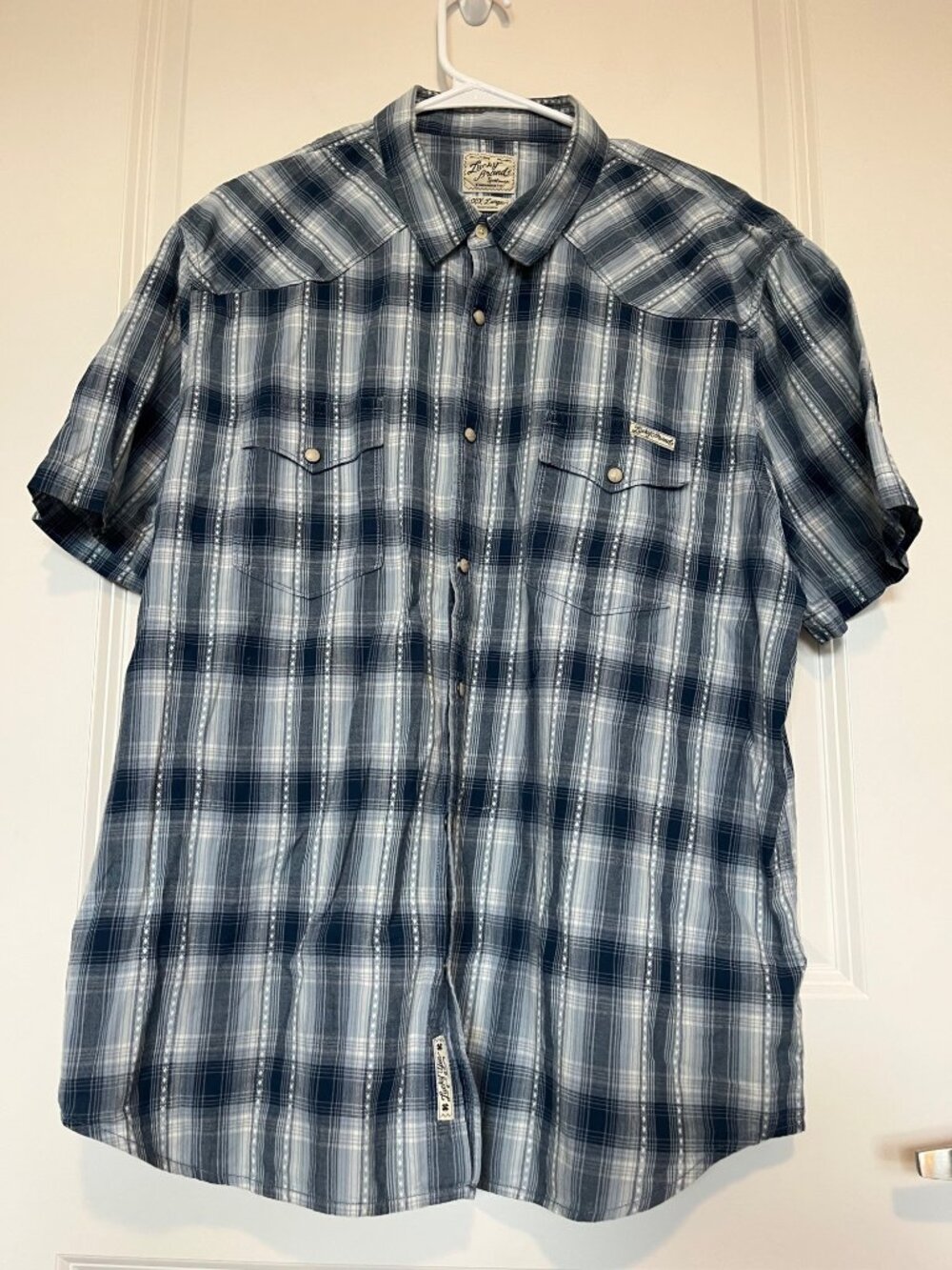 Lucky Brand Mens Blue Plaid Western Short Sleeve Button-Up Shirt XXL Pearl Snap